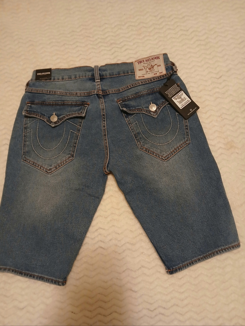 True Religion Men's Blue Denim Shorts with Signature Back Pockets